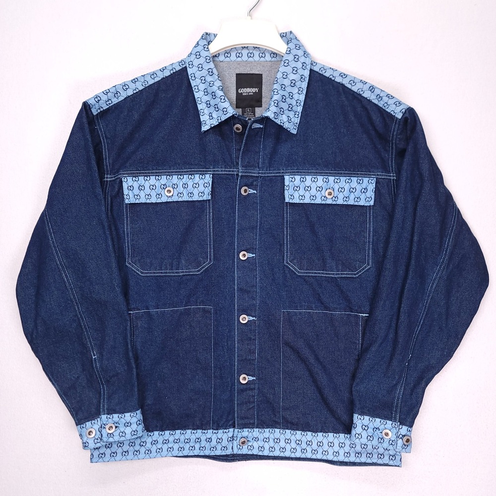Rare Vintage GodBody GG Designer Monogram Streetwear Hip Hop Denim Jacket Sz XL